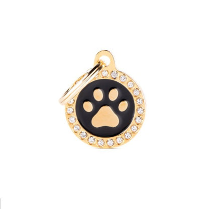 Hondenpenning |  Glam Black and Gold Paw ID Tag with Rhinestones