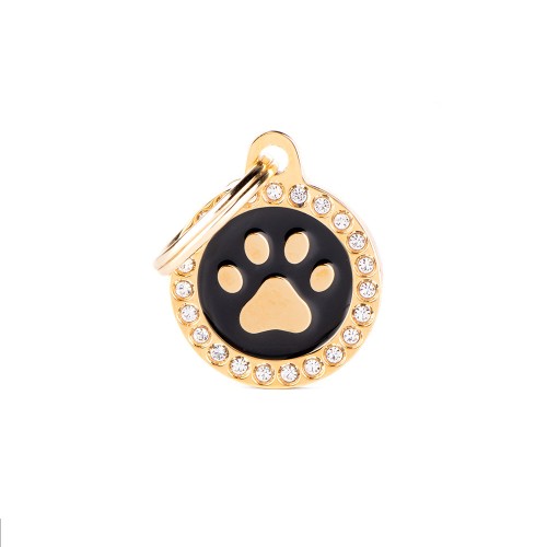 Hondenpenning |  Glam Black and Gold Paw ID Tag with Rhinestones