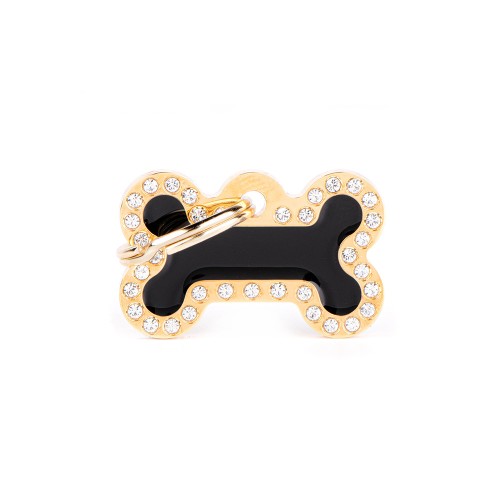 Hondenpenning |  Glam Small Bone Black and Gold ID Tag with Rhinestones