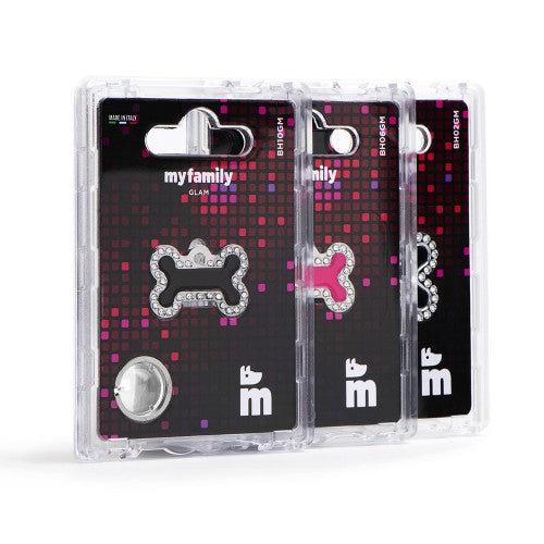 Hondenpenning |  Glam Small Bone Black and Gold ID Tag with Rhinestones